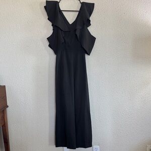 Boohoo Black Ruffle-Shoulder Jumpsuit